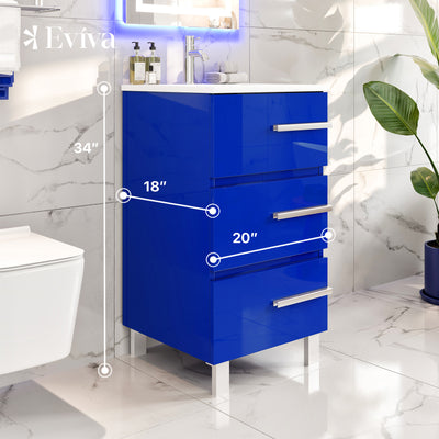 Deluxe 20"W x 18"D Blue Bathroom Vanity with White Porcelain Countertop and Integrated Sink