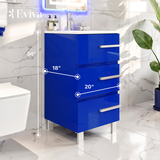 Deluxe 20"W x 18"D Blue Bathroom Vanity with Porcelain Countertop and Integrated Sink