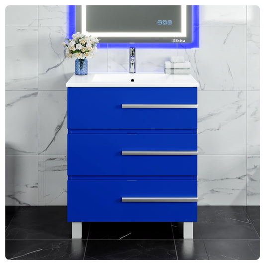 Deluxe 32"W x 18"D Blue Bathroom Vanity with Porcelain Countertop and Integrated Sink
