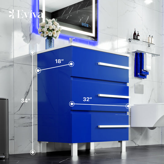 Deluxe 32"W x 18"D Blue Bathroom Vanity with Porcelain Countertop and Integrated Sink