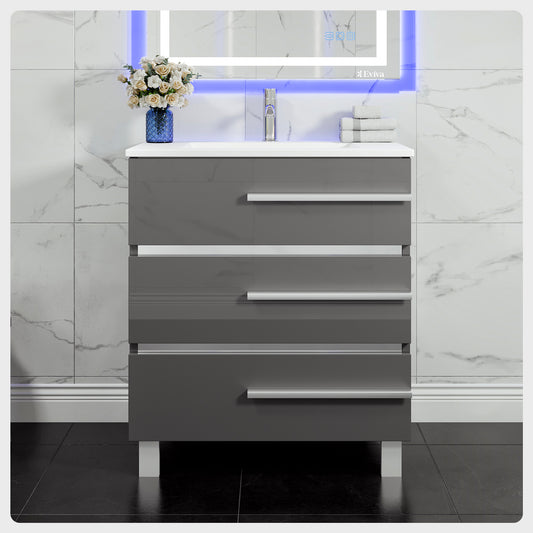 Deluxe 32"W x 18"D Gray Bathroom Vanity with Porcelain Countertop and Integrated Sink