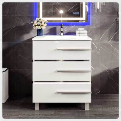 Deluxe 32"W x 18"D White Bathroom Vanity with White Porcelain Countertop and Integrated Sink