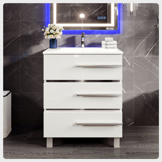 Deluxe 32"W x 18"D White Bathroom Vanity with Porcelain Countertop and Integrated Sink