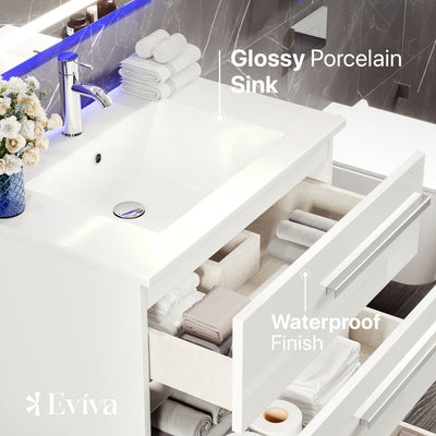 Deluxe 32"W x 18"D White Bathroom Vanity with White Porcelain Countertop and Integrated Sink