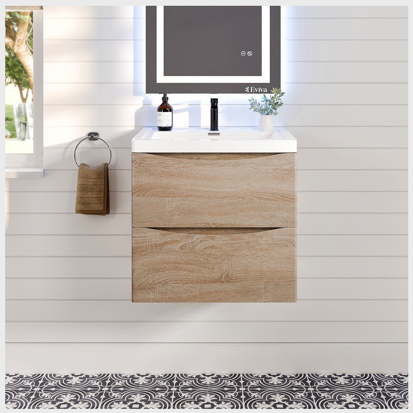 Smile 24"W x 17"D White Oak Wall Mount Bathroom Vanity with White Acrylic Countertop and Integrated Sink