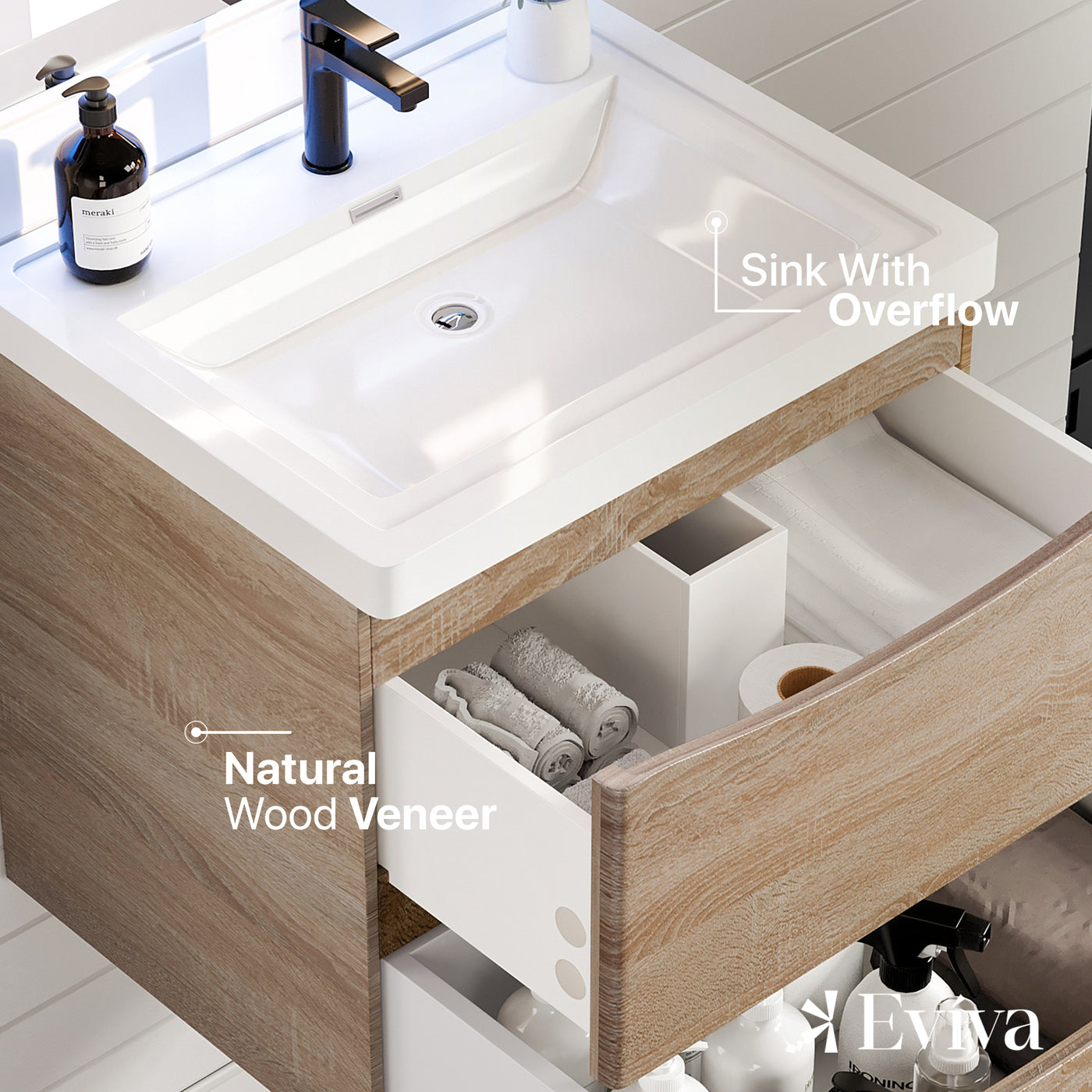 Smile 24"W x 17"D White Oak Wall Mount Bathroom Vanity with White Acrylic Countertop and Integrated Sink