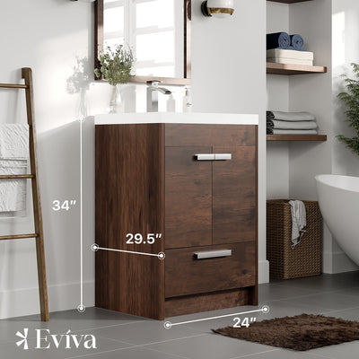 Lugano 24"W x 20"D Rosewood Bathroom Vanity with White Acrylic Countertop and Integrated Sink