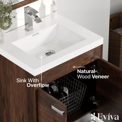 Lugano 24"W x 20"D Rosewood Bathroom Vanity with White Acrylic Countertop and Integrated Sink