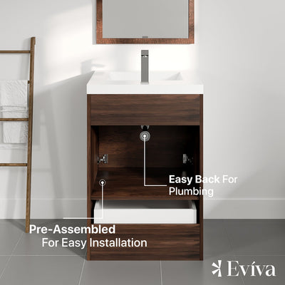 Lugano 24"W x 20"D Rosewood Bathroom Vanity with White Acrylic Countertop and Integrated Sink