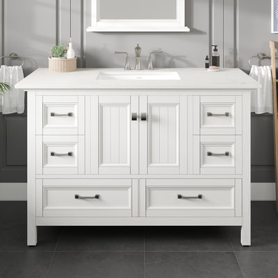 Britney 48"W x 22"D White Bathroom Vanity with White Carrara Quartz Countertop and Undermount Porcelain Sink