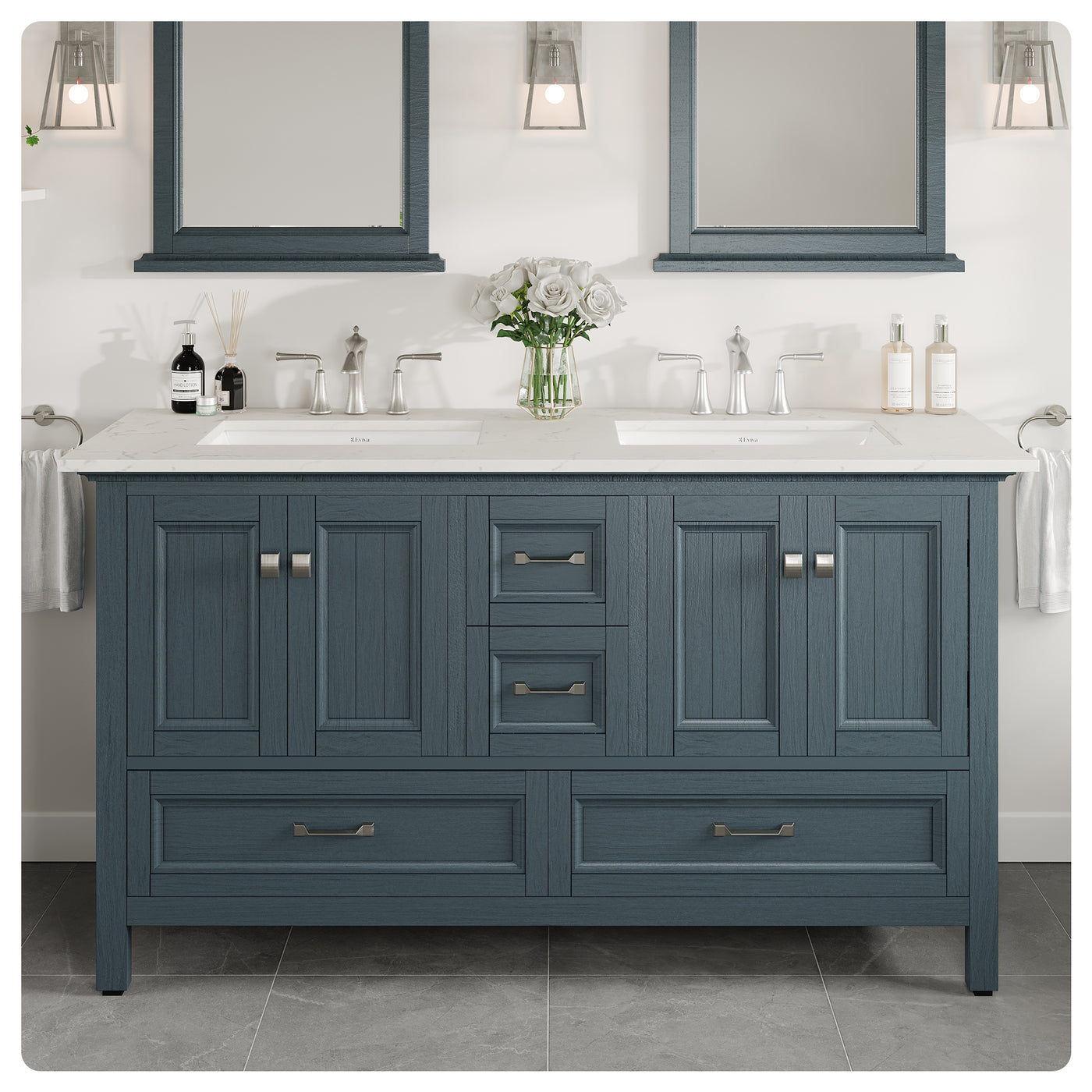 Britney 60"W x 22"D Ash Blue Double Sink Bathroom Vanity with White Carrara Quartz Countertop and Undermount Porcelain Sinks