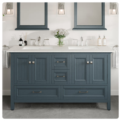 Britney 60"W x 22"D Ash Blue Double Sink Bathroom Vanity with White Carrara Quartz Countertop and Undermount Porcelain Sinks