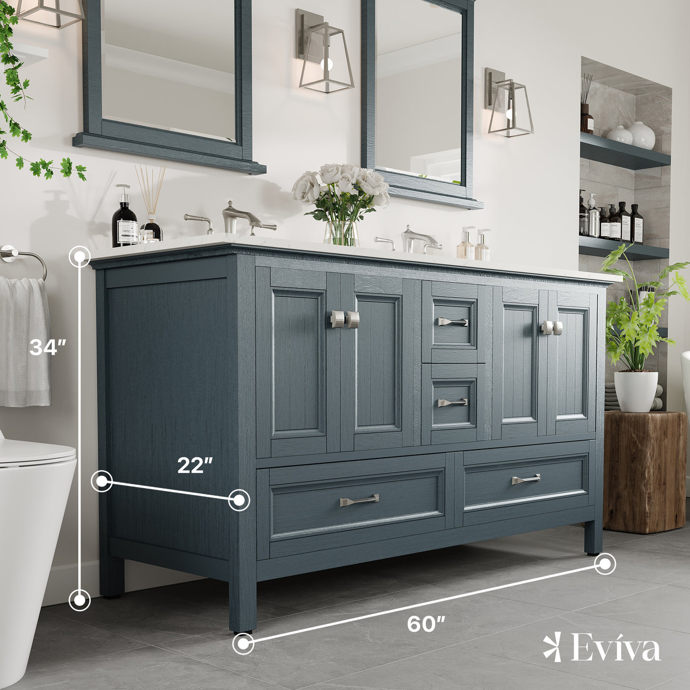 Britney 60"W x 22"D Ash Blue Double Sink Bathroom Vanity with White Carrara Quartz Countertop and Undermount Porcelain Sinks