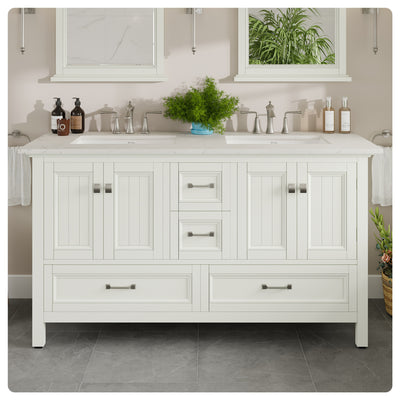 Britney 60"W x 22"D White Double Sink Bathroom Vanity with White Carrara Quartz Countertop and Undermount Porcelain Sinks