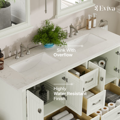 Britney 60"W x 22"D White Double Sink Bathroom Vanity with White Carrara Quartz Countertop and Undermount Porcelain Sinks