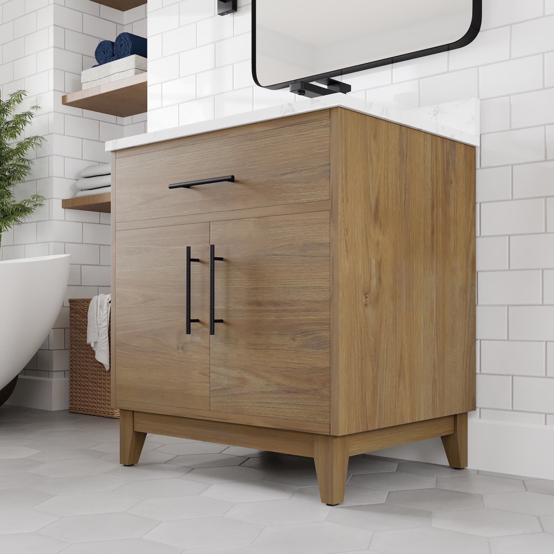 Graham 30 in. Oak Single Sink Bath Vanity with Arabescato Engineered Stone Top and Undermount Porcelain Sink - Bathroom Vanity by Eviva