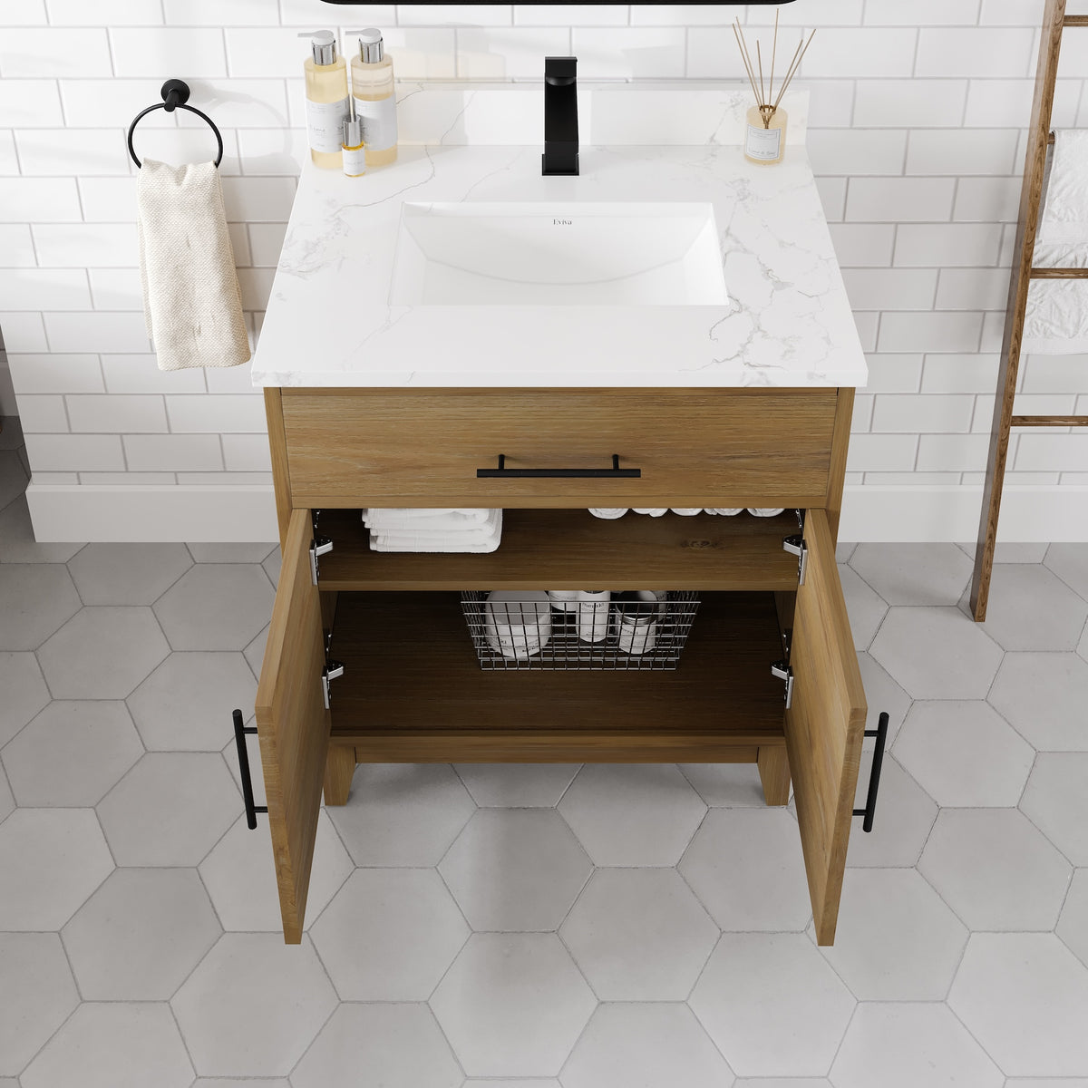 Graham 30 in. Oak Single Sink Bath Vanity with Arabescato Engineered Stone Top and Undermount Porcelain Sink - Bathroom Vanity by Eviva