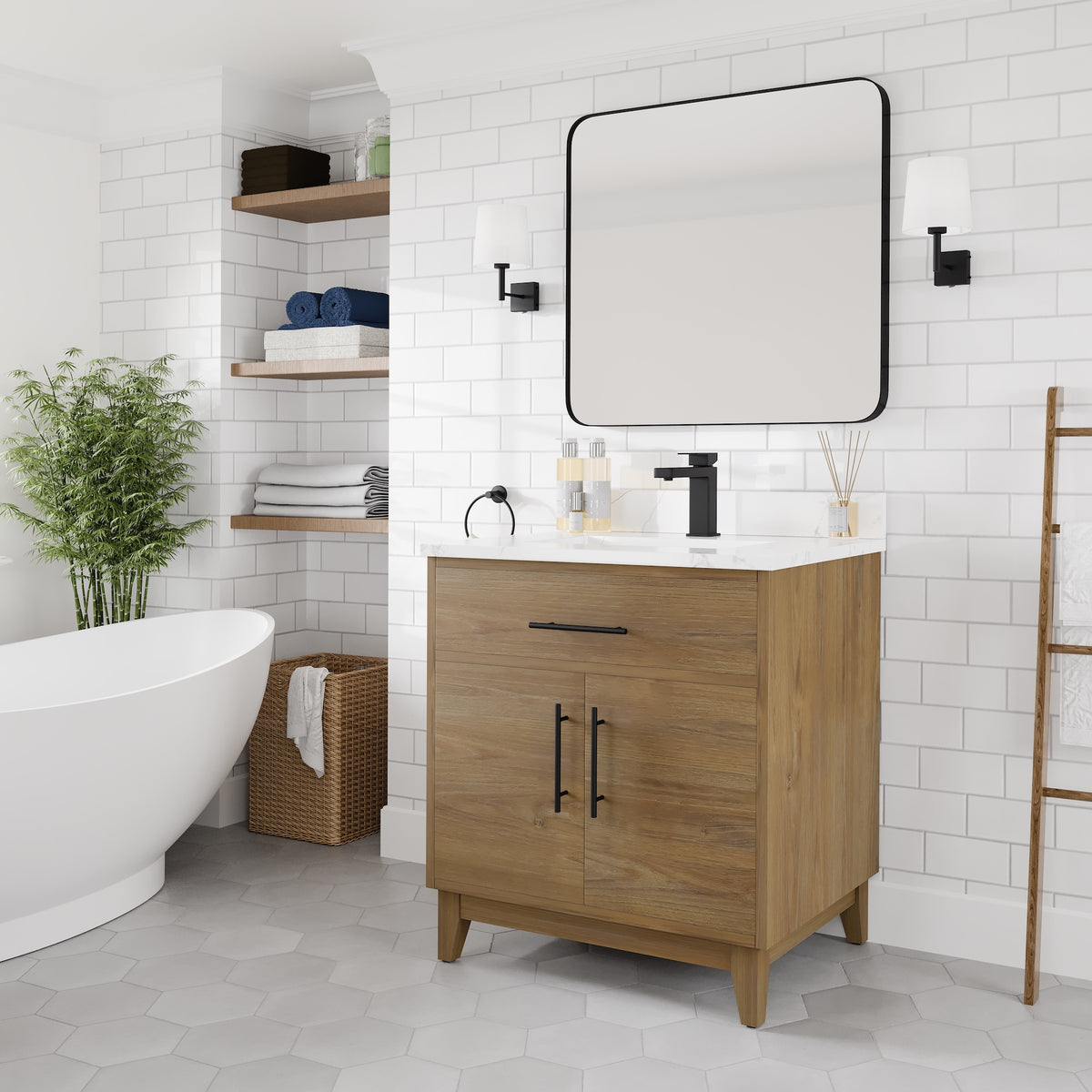 Graham 30 in. Oak Single Sink Bath Vanity with Arabescato Engineered Stone Top and Undermount Porcelain Sink - Bathroom Vanity by Eviva