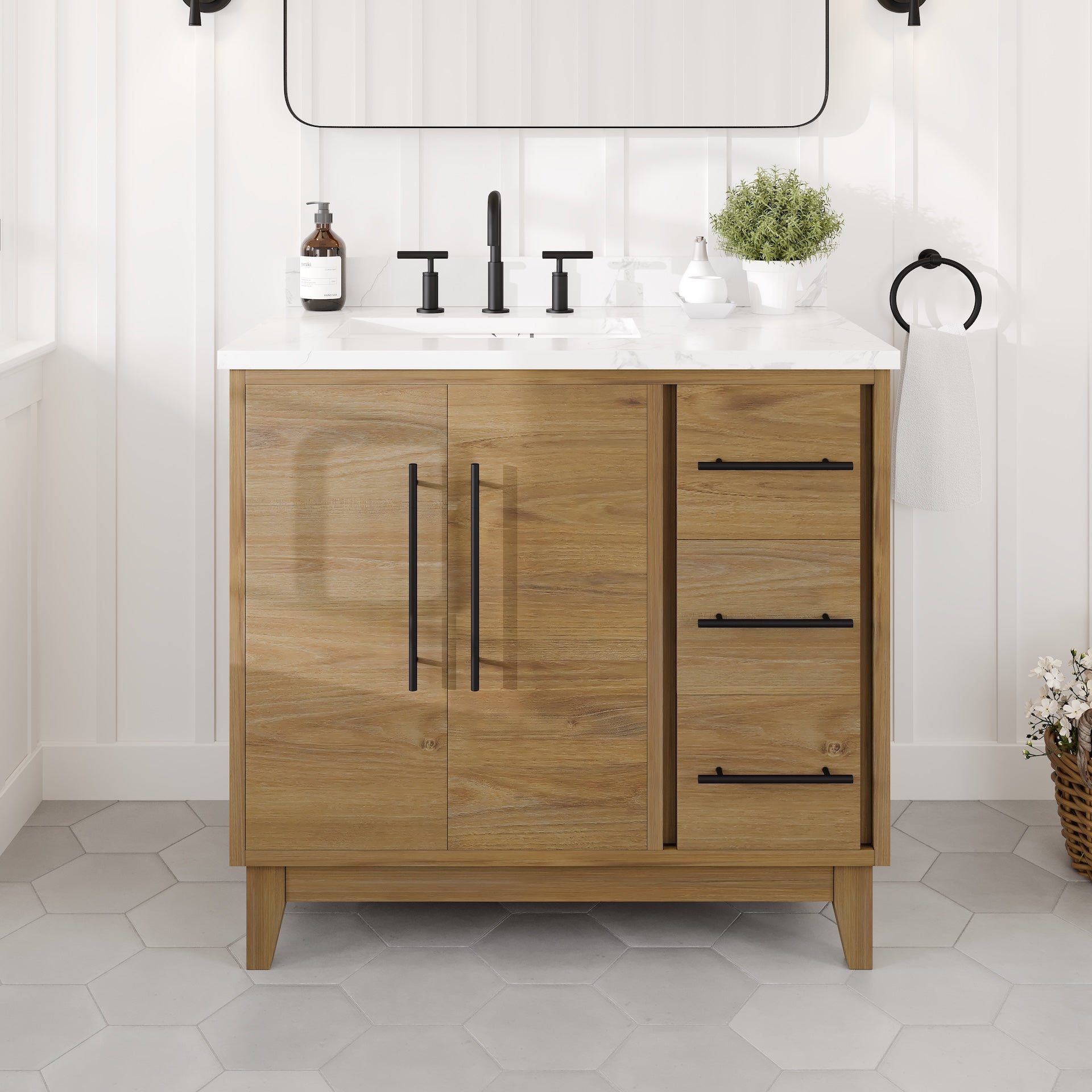 Graham 36 in. Oak Single Sink Bath Vanity with Arabescato Engineered Stone Top and Undermount Porcelain Sink - Bathroom Vanity by Eviva