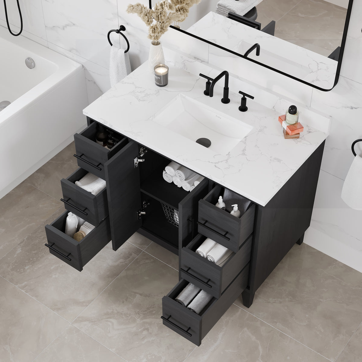 Graham 42 in. Blackwood Single Sink Bath Vanity with Arabescato Engineered Stone Top and Undermount Porcelain Sink - Bathroom Vanity by Eviva