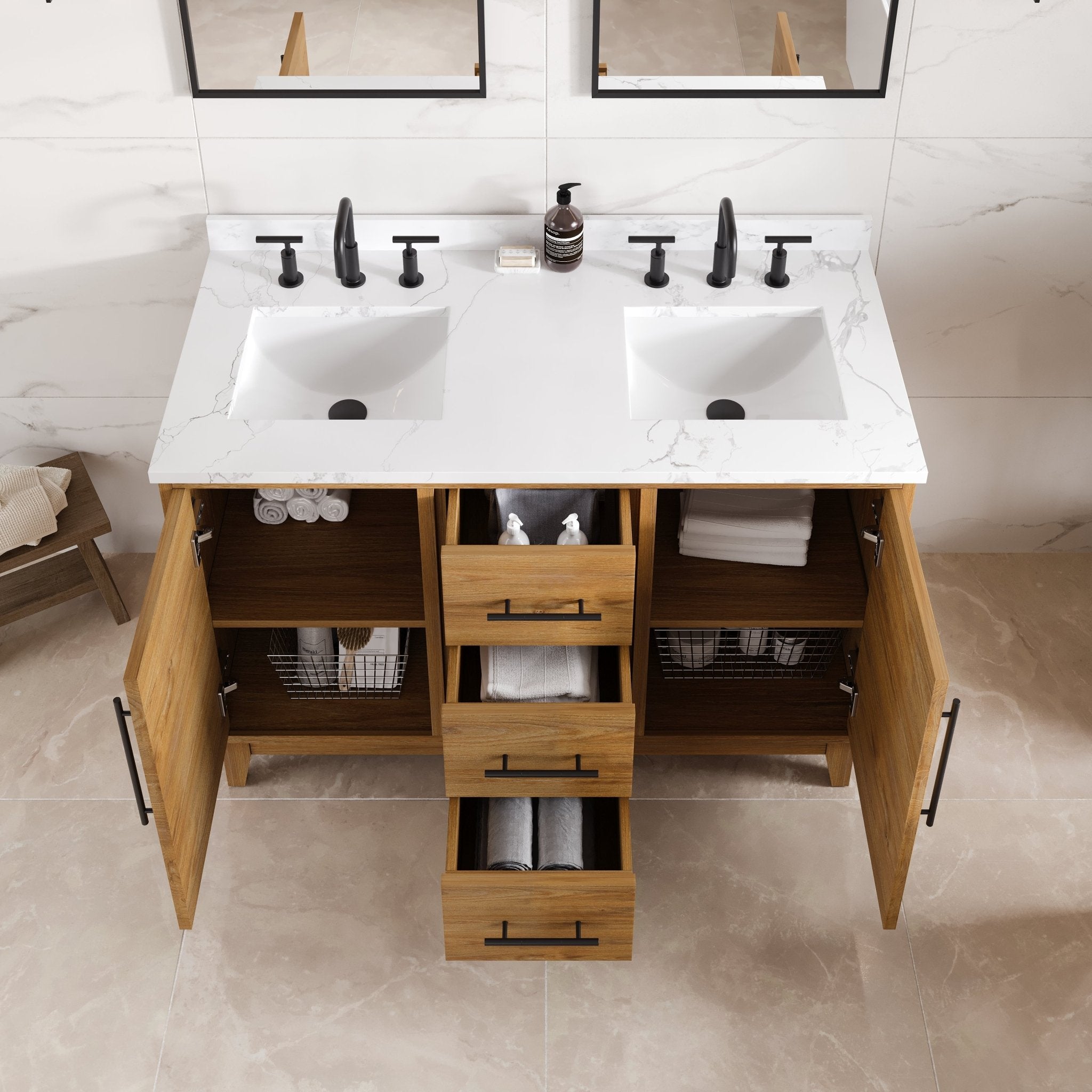 Graham 48 in. Oak Double Sink Bath Vanity with Arabescato Engineered Stone Top and Undermount Porcelain Sinks - Bathroom Vanity by Eviva