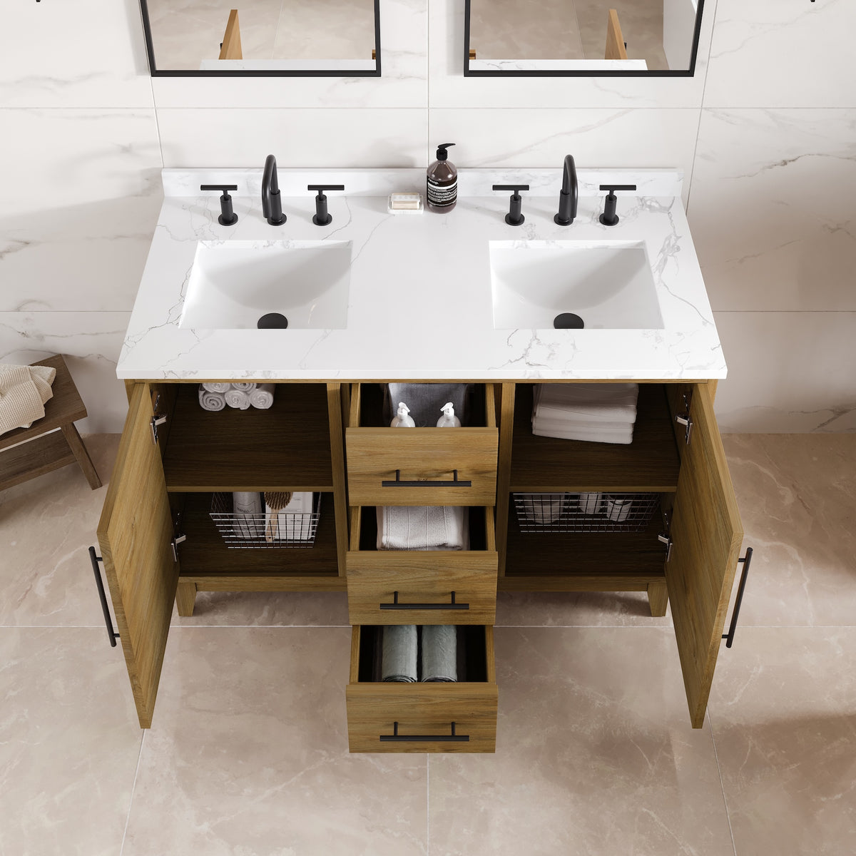 Graham 48 in. Oak Double Sink Bath Vanity with Arabescato Engineered Stone Top and Undermount Porcelain Sinks - Bathroom Vanity by Eviva