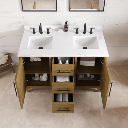 Graham 48 in. Oak Double Sink Bath Vanity with Arabescato Engineered Stone Top and Undermount Porcelain Sinks - Bathroom Vanity by Eviva