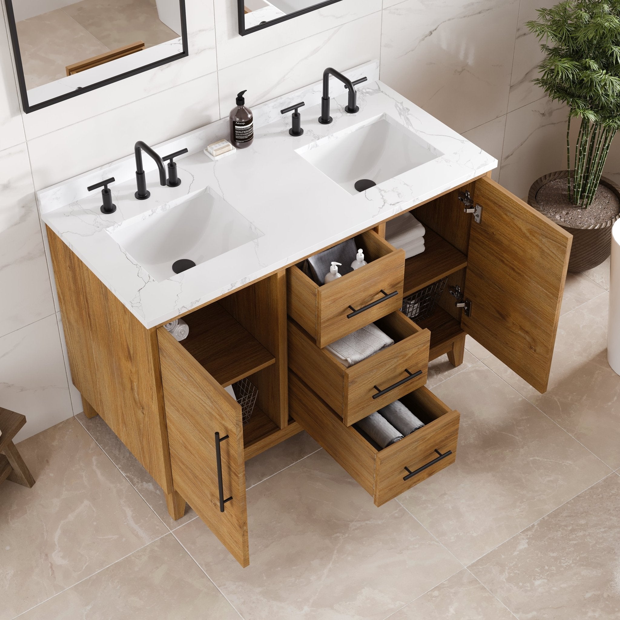 Graham 48 in. Oak Double Sink Bath Vanity with Arabescato Engineered Stone Top and Undermount Porcelain Sinks - Bathroom Vanity by Eviva
