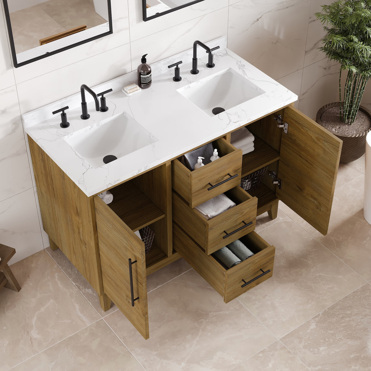 Graham 48 in. Oak Double Sink Bath Vanity with Arabescato Engineered Stone Top and Undermount Porcelain Sinks - Bathroom Vanity by Eviva
