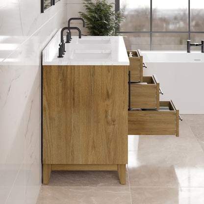Graham 48 in. Oak Double Sink Bath Vanity with Arabescato Engineered Stone Top and Undermount Porcelain Sinks - Bathroom Vanity by Eviva
