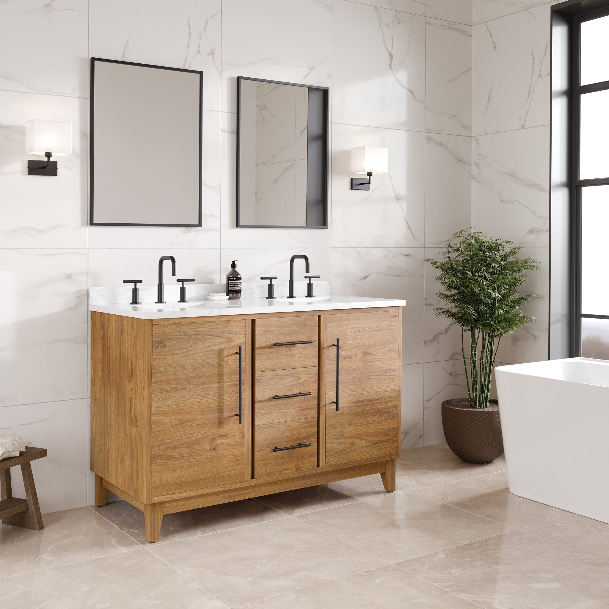Graham 48 in. Oak Double Sink Bath Vanity with Arabescato Engineered Stone Top and Undermount Porcelain Sinks - Bathroom Vanity by Eviva
