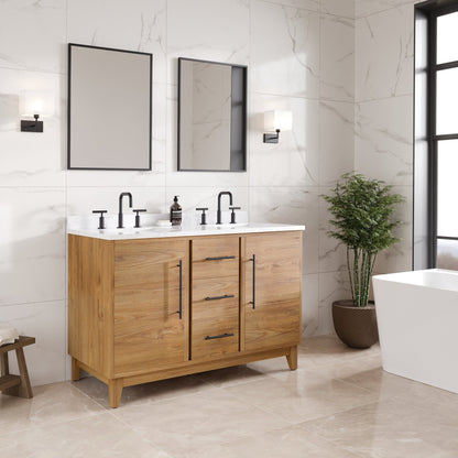 Graham 48 in. Oak Double Sink Bath Vanity with Arabescato Engineered Stone Top and Undermount Porcelain Sinks - Bathroom Vanity by Eviva