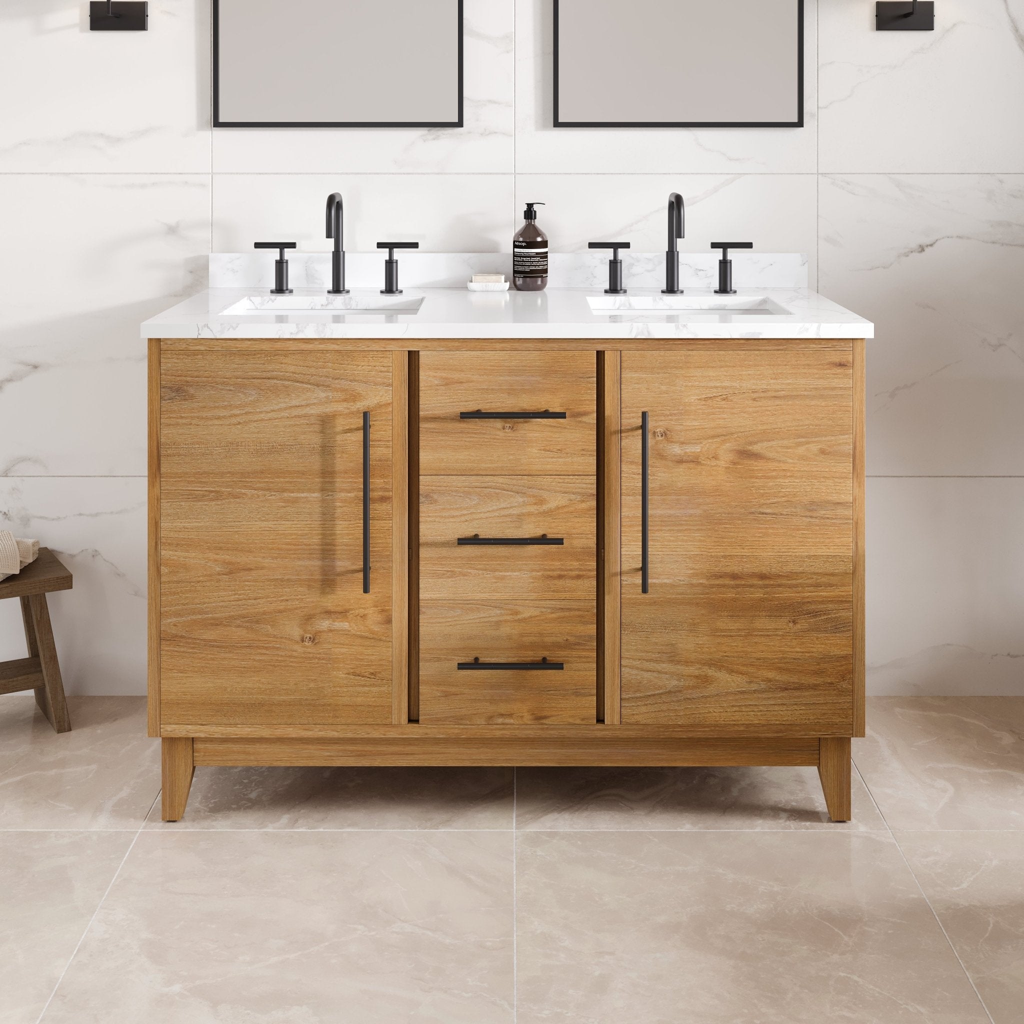 Graham 48 in. Oak Double Sink Bath Vanity with Arabescato Engineered Stone Top and Undermount Porcelain Sinks - Bathroom Vanity by Eviva