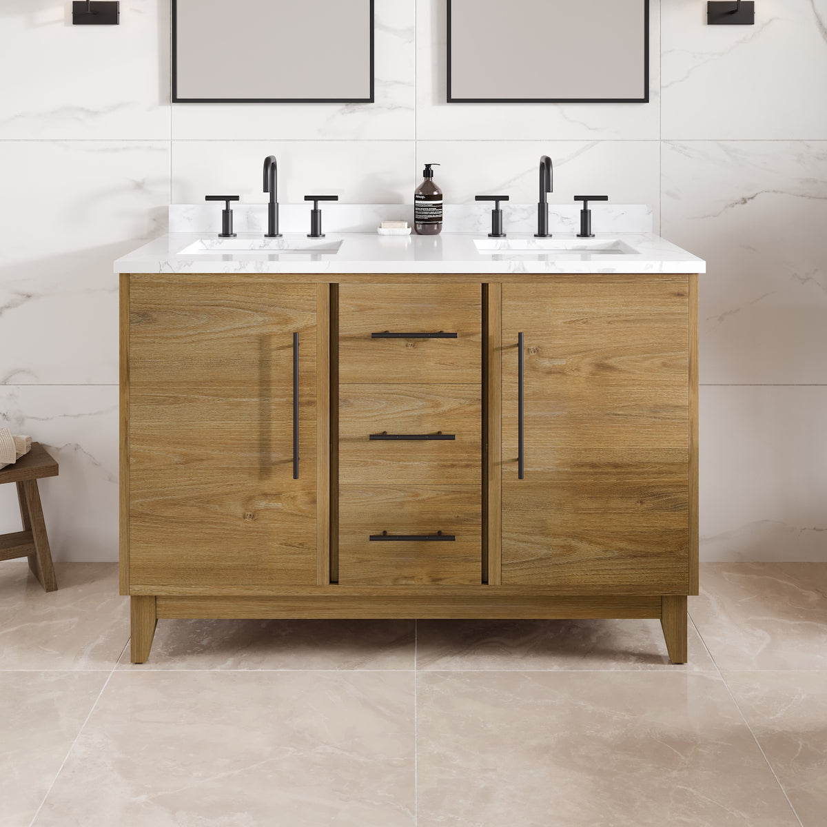 Graham 48 in. Oak Double Sink Bath Vanity with Arabescato Engineered Stone Top and Undermount Porcelain Sinks - Bathroom Vanity by Eviva