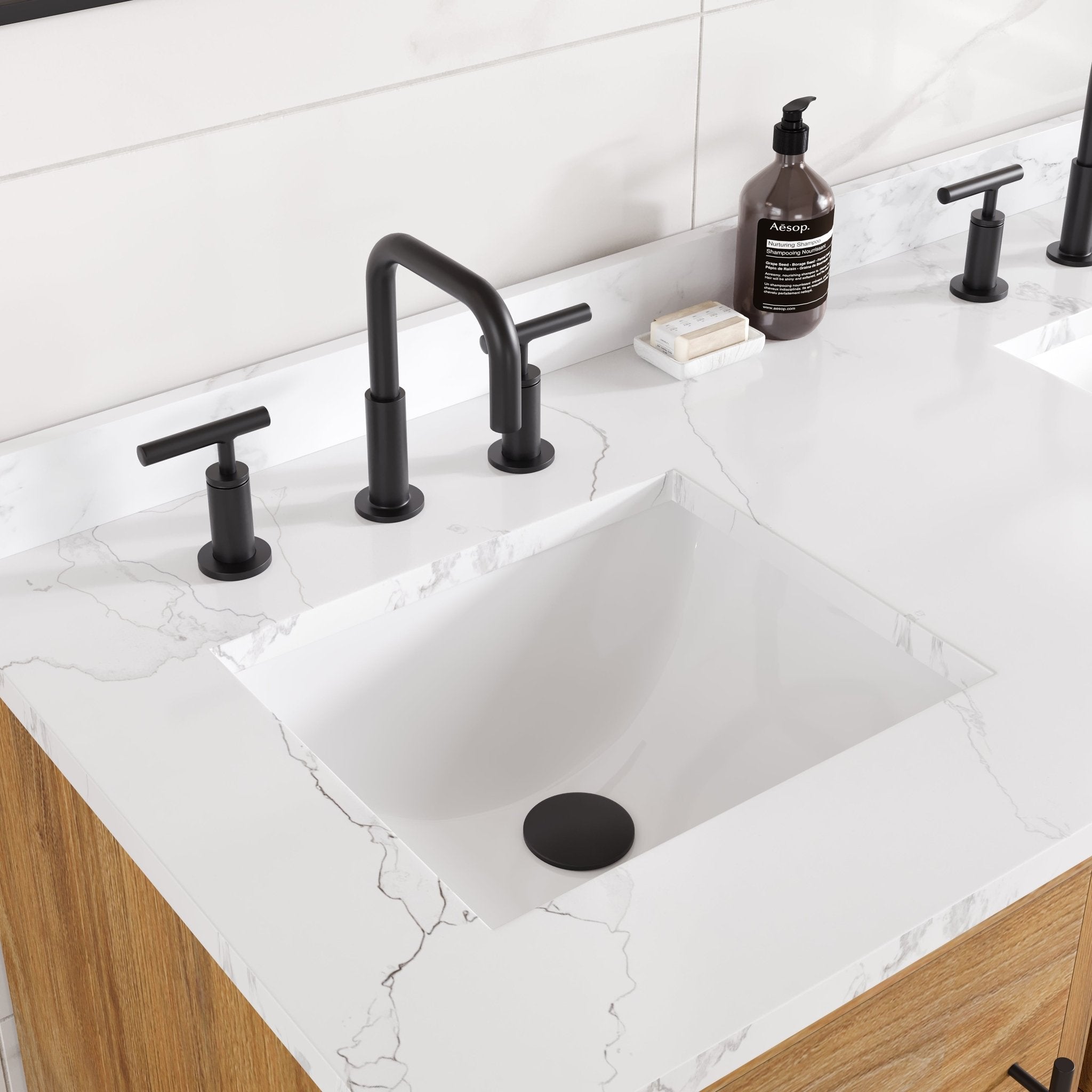 Graham 48 in. Oak Double Sink Bath Vanity with Arabescato Engineered Stone Top and Undermount Porcelain Sinks - Bathroom Vanity by Eviva