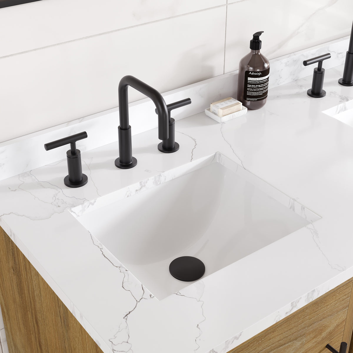 Graham 48 in. Oak Double Sink Bath Vanity with Arabescato Engineered Stone Top and Undermount Porcelain Sinks - Bathroom Vanity by Eviva
