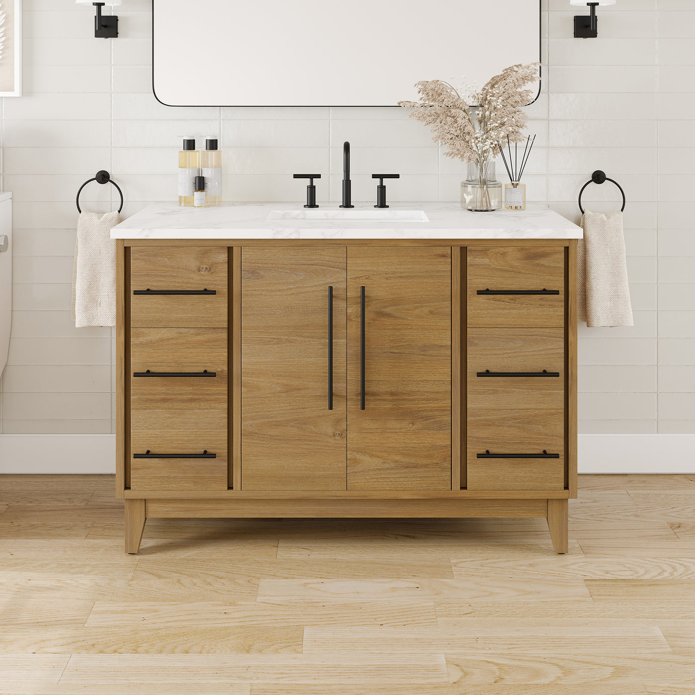 Graham 48"W x 22"D Oak Bathroom Vanity with White Arabescato Engineered Stone Countertop and Undermount Ceramic Sink