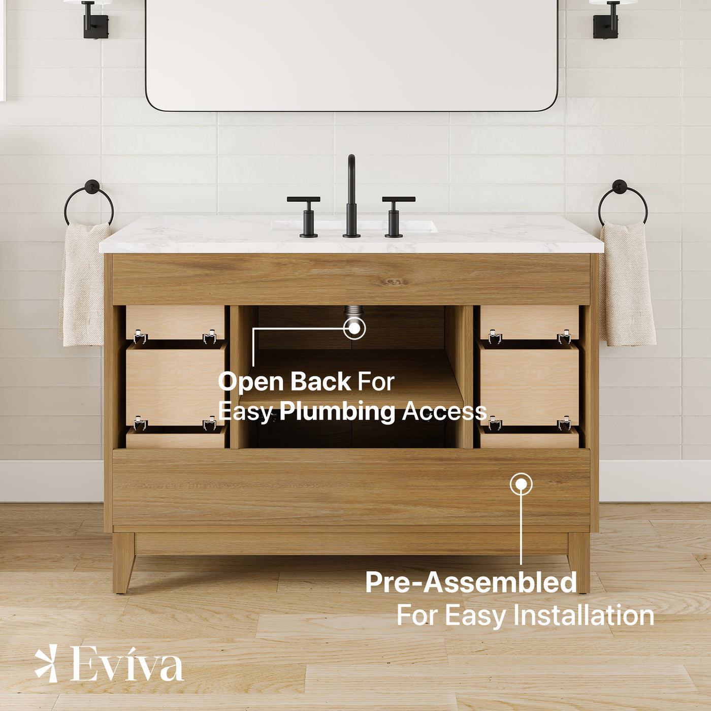 Graham 48"W x 22"D Oak Bathroom Vanity with White Arabescato Engineered Stone Countertop and Undermount Ceramic Sink