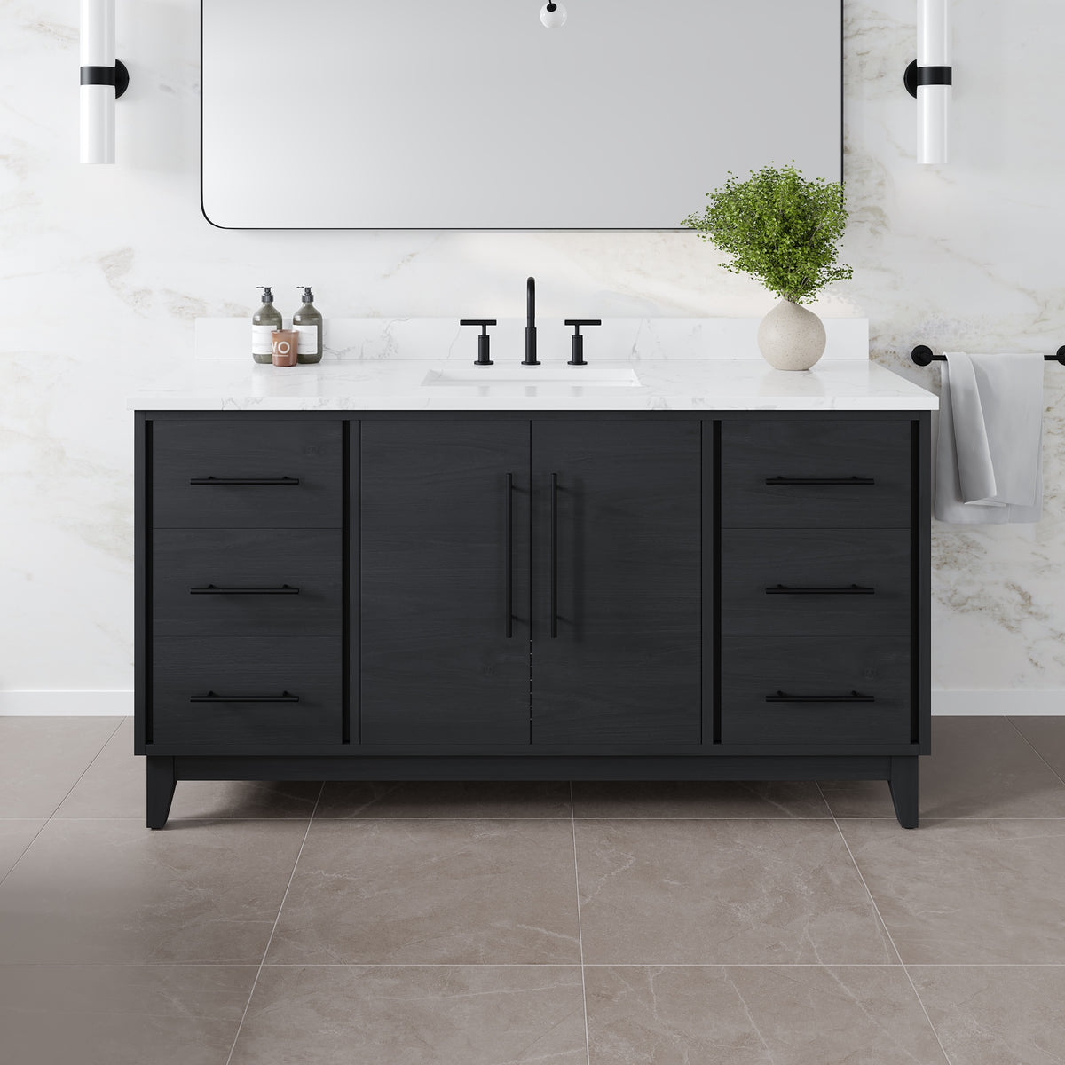 Graham 60 in. Blackwood Single Sink Bath Vanity with Arabescato Engineered Stone Top and Undermount Porcelain Sink - Bathroom Vanity by Eviva