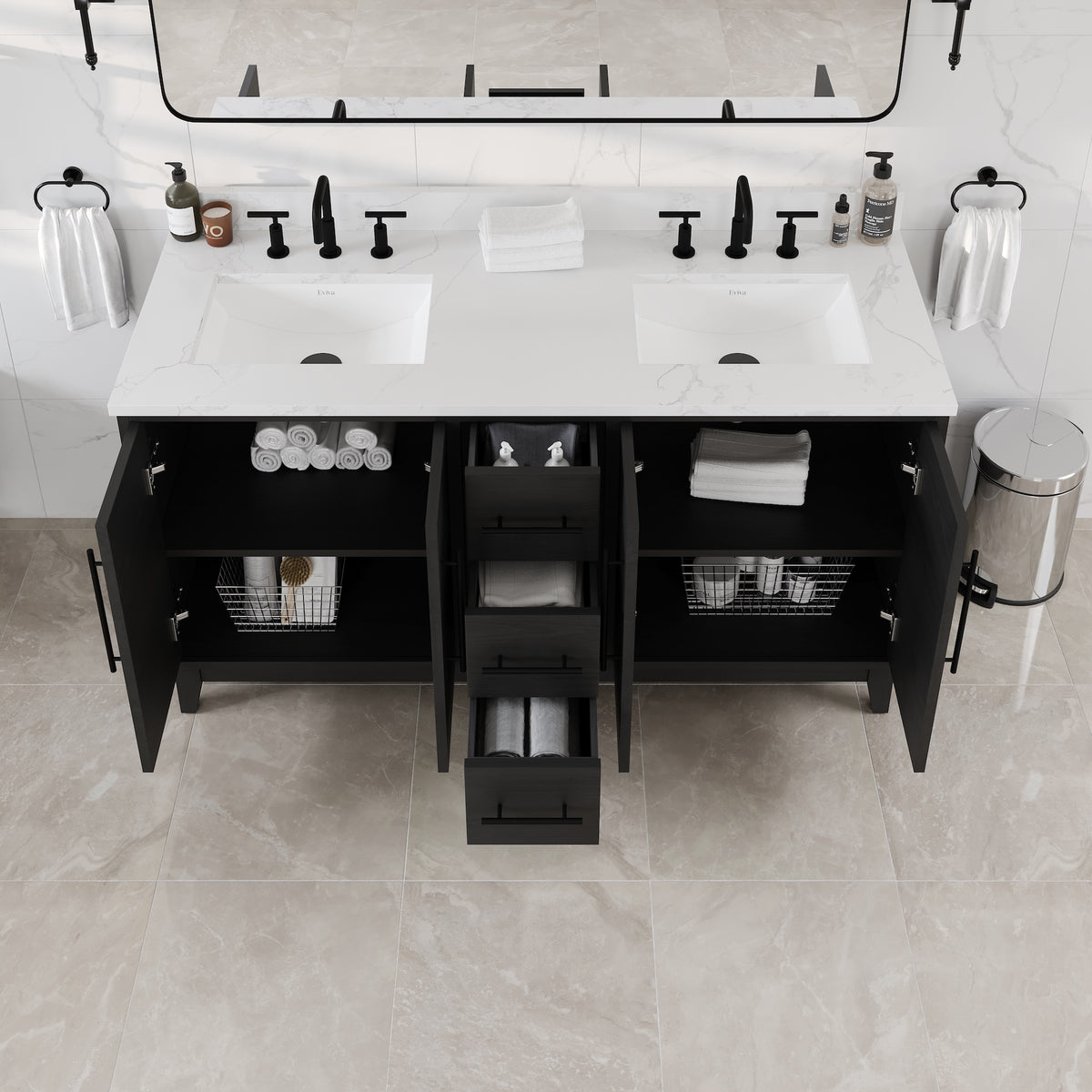 Graham 60 in. Blackwood Double Sink Bath Vanity with Arabescato Engineered Stone Top and Undermount Porcelain Sinks - Bathroom Vanity by Eviva