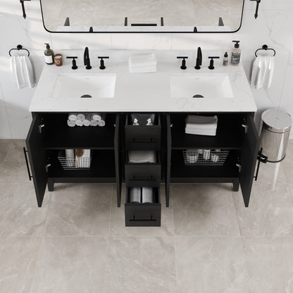 Graham 60 in. Blackwood Double Sink Bath Vanity with Arabescato Engineered Stone Top and Undermount Porcelain Sinks - Bathroom Vanity by Eviva