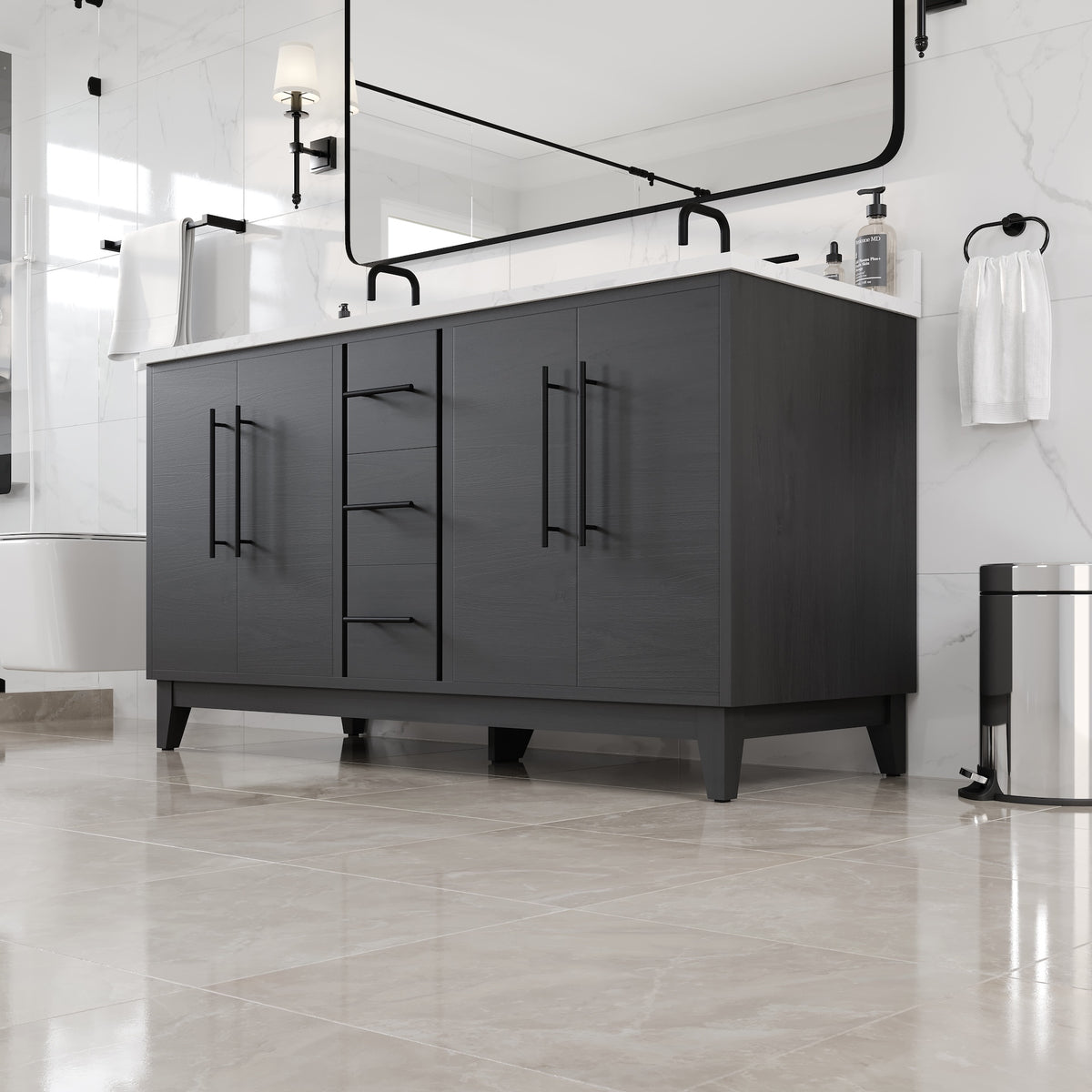 Graham 60 in. Blackwood Double Sink Bath Vanity with Arabescato Engineered Stone Top and Undermount Porcelain Sinks - Bathroom Vanity by Eviva