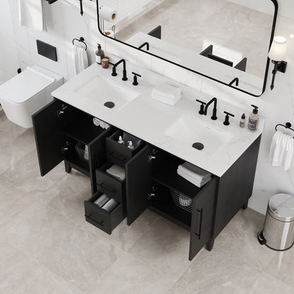 Graham 60 in. Blackwood Double Sink Bath Vanity with Arabescato Engineered Stone Top and Undermount Porcelain Sinks - Bathroom Vanity by Eviva