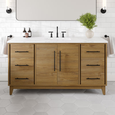 Graham 60"W x 22"D Oak Bathroom Vanity with White Arabescato Engineered Stone Countertop and Undermount Ceramic Sink