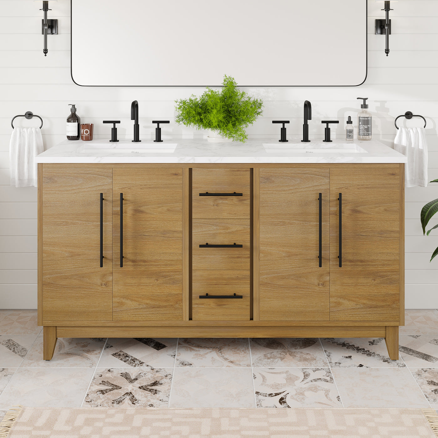 Graham 60"W x 22"D Oak Bathroom Vanity with White Arabescato Engineered Stone Countertop and Undermount Ceramic Sink