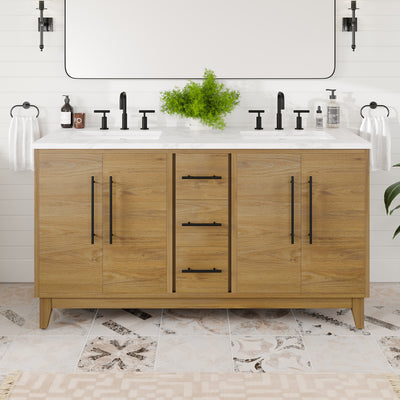 Graham 60"W x 22"D Oak Double Sink Bathroom Vanity with White Arabescato Engineered Stone Countertop and Undermount Ceramic Sinks