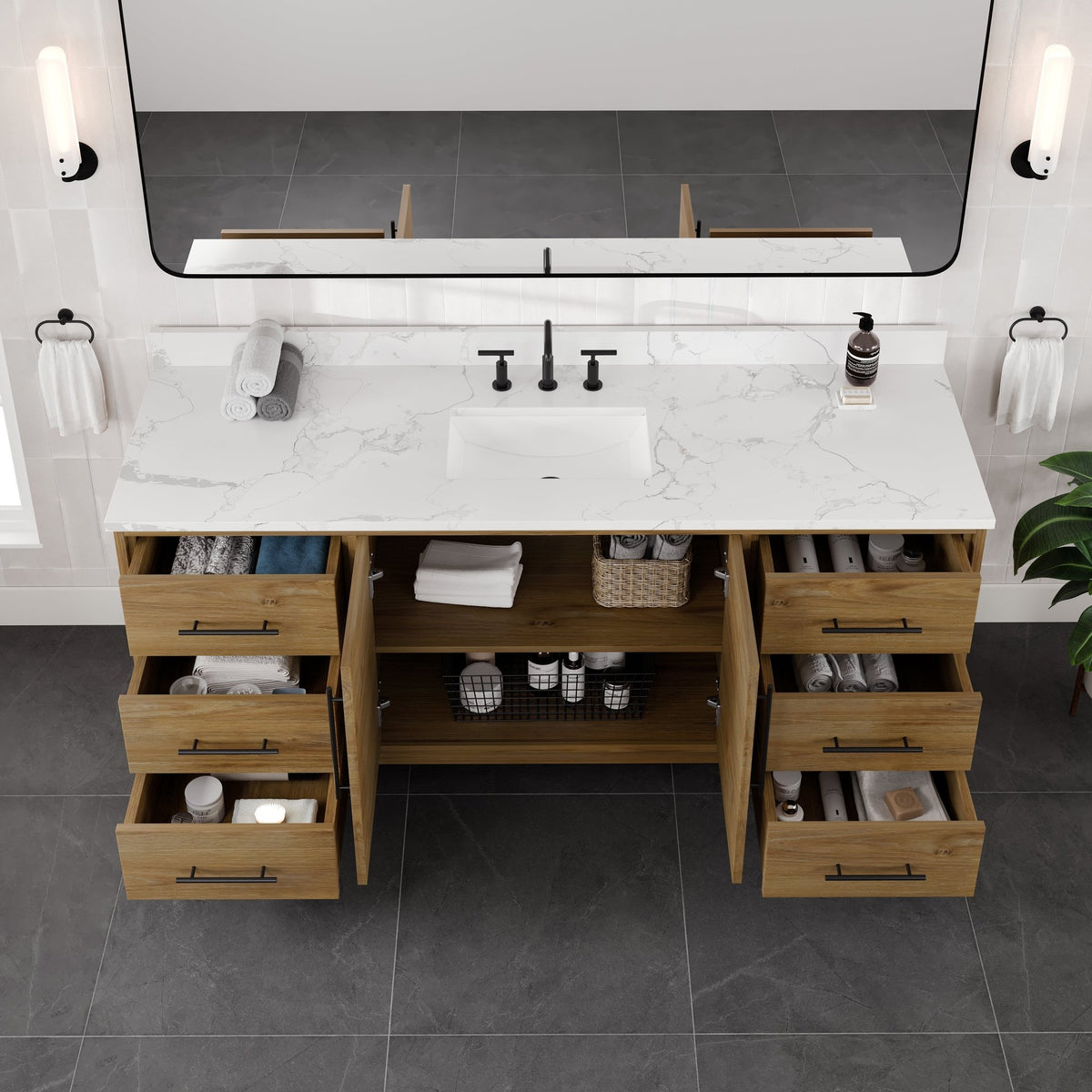 Graham 72 in. Oak Single Sink Bath Vanity with Arabescato Engineered Stone Top and Undermount Porcelain Sink - Bathroom Vanity by Eviva