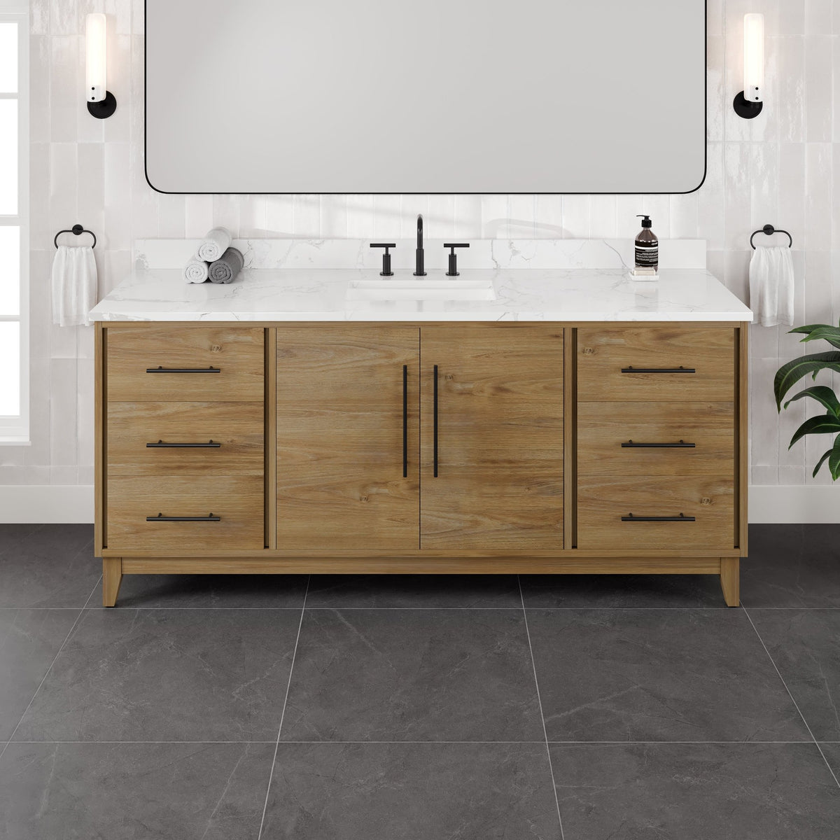 Graham 72 in. Oak Single Sink Bath Vanity with Arabescato Engineered Stone Top and Undermount Porcelain Sink - Bathroom Vanity by Eviva