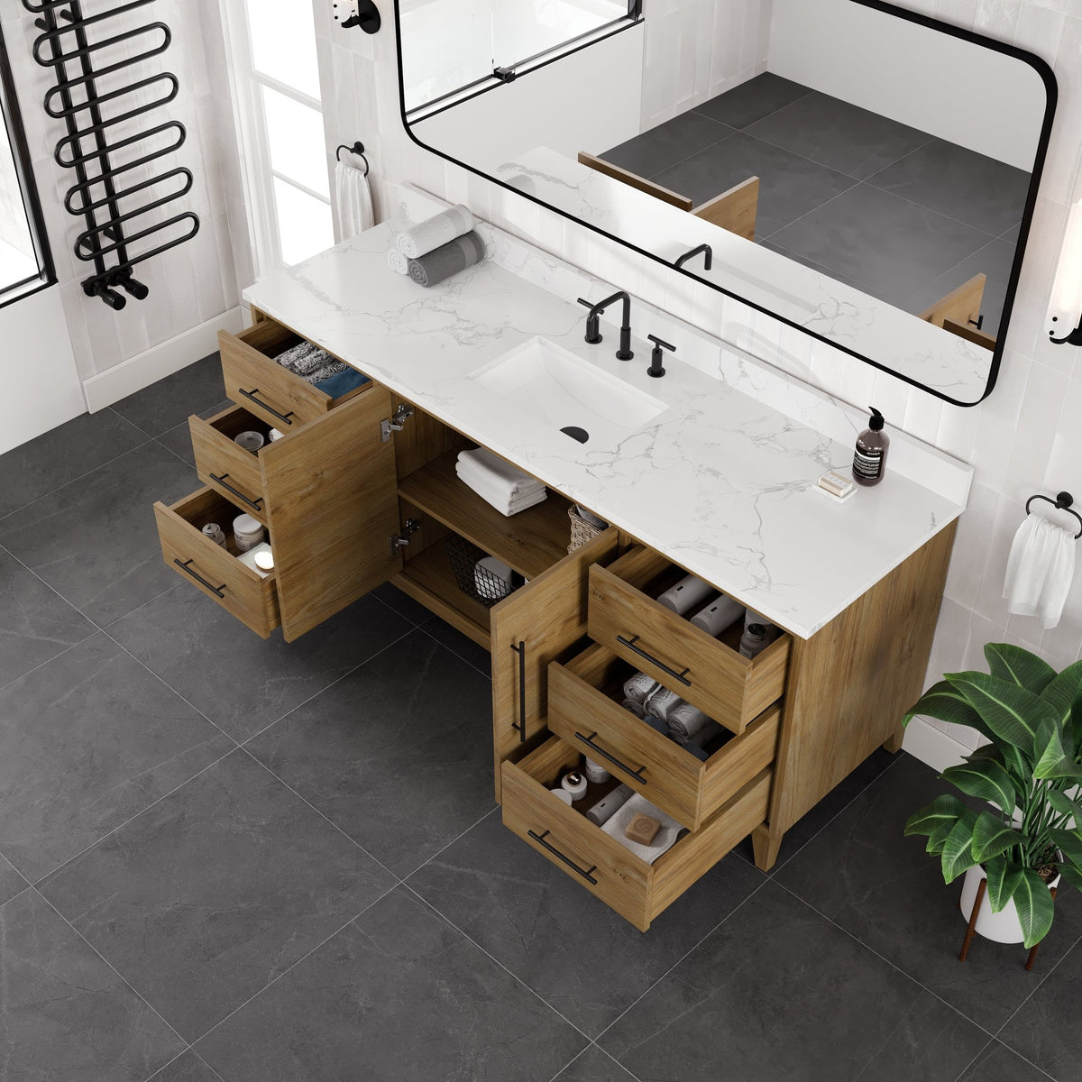 Graham 72 in. Oak Single Sink Bath Vanity with Arabescato Engineered Stone Top and Undermount Porcelain Sink - Bathroom Vanity by Eviva