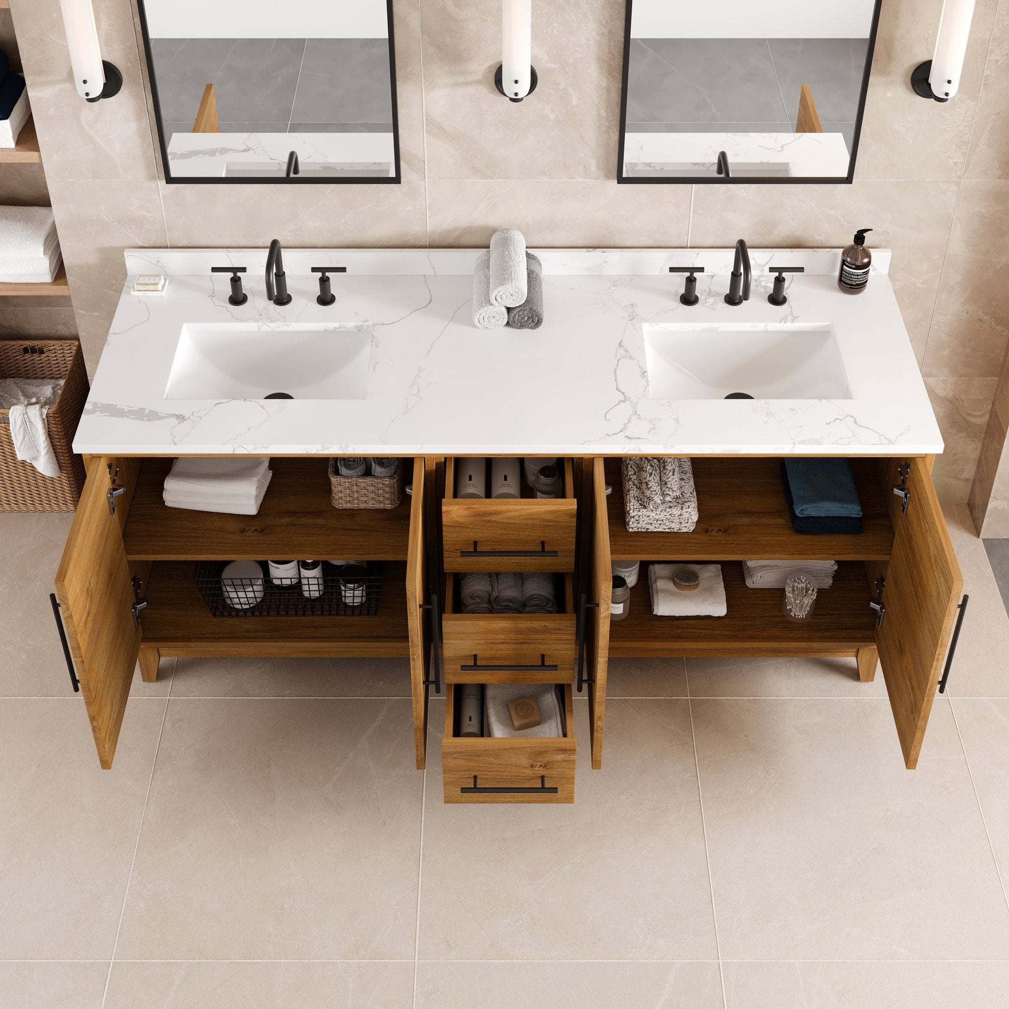 Graham 72 in. Oak Double Sink Bath Vanity with Arabescato Engineered Stone Top and Undermount Porcelain Sinks - Bathroom Vanity by Eviva